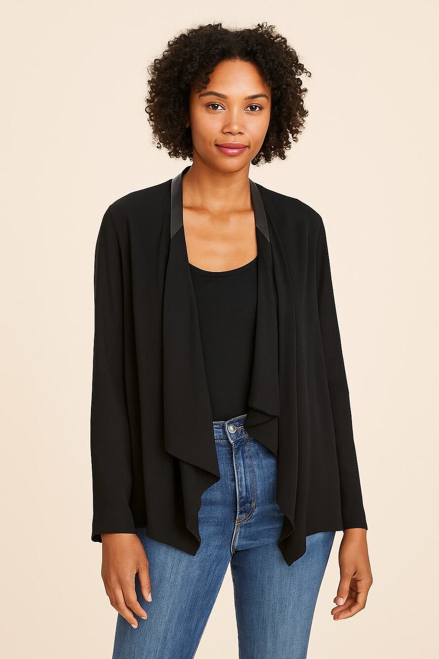 Eileen Fisher Silk Leather Open Jacket Black Draped Cardigan Women’s Size Small